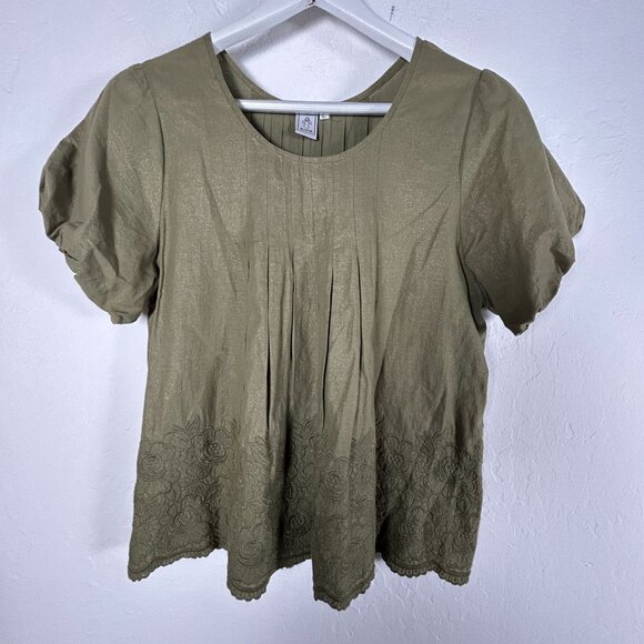 Blusa Womens Olive Green Short-Sleeve Pleated Top with Embroidered Hem Large - Picture 1 of 6